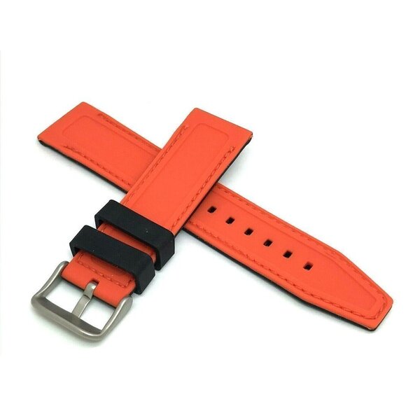 Mens Watch Band Replacement Black Orange Rubber Strap 22mm Lug Silver Buckle 8'' - Picture 2 of 6